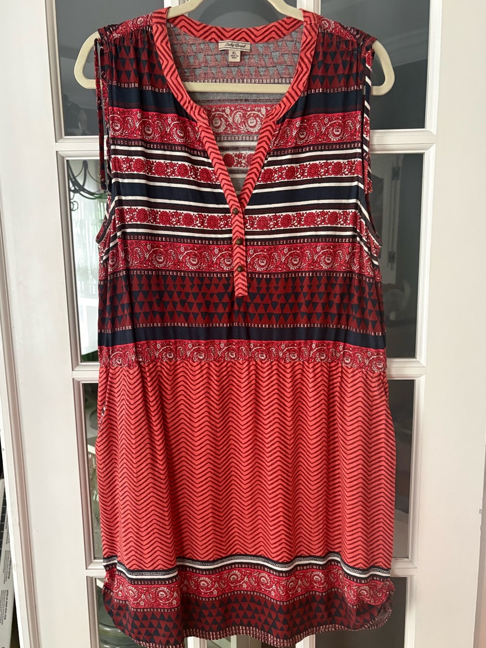 Lucky Brand Sleeveless Boho Tunic Dress XL Coral Navy Mixed Print Lined